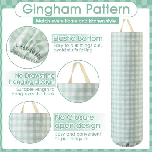 Gingham Plastic Bag Holder for Grocery Bag, Mint Green