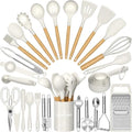 Umite Chef Silicone Kitchen Utensil Set, 34PCS Heat Resistant Kitchen Gadgets and Tools With Grater, Cream White Wood Handles for Nonstick Cookware