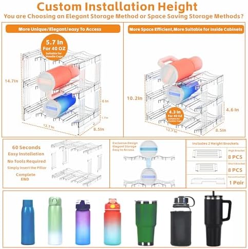 Yieach 3 Tier Stackable Water Bottle and Tumbler Organizer for Kitchen Cabinets,Large Waterbottle Holder and Cup Storage Organizer for 40 OZ Yeti,Owala or Stanley Cup Storage Rack With Handle Groove