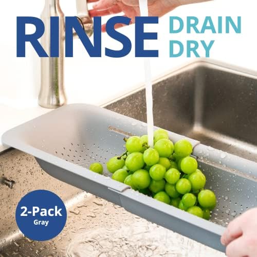 Blue Ginkgo Over Sink Colander, Extendable Kitchen Strainer, 2-Pack, Grey