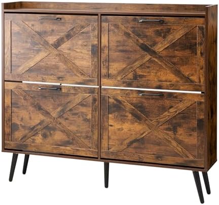 VEVOR Shoe Cabinet with 4 Flip Drawers, Farmhouse Shoes Storage Cabinet with Wood Legs and Anti-Tipping Device, Freestanding Shoe Organizer Ideal for Entryway, Hallway, Bedroom, Living Room, Brown