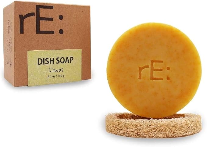 RE: REKURATOR Dishwashing Soap with Loofah Sponge – Eco-Friendly, Gentle, Plant-Based Dish Bar, No Artificial Dyes or Fragrance (Citrus Scented), 5.1 oz
