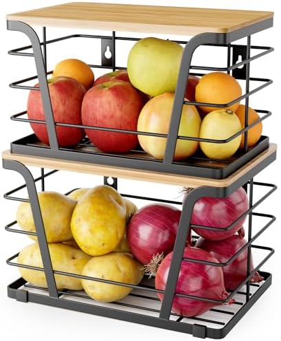 TIDIIABODE 2 Pack Extra Large Pantry Storage Organizers, Pantry Baskets organization, Potato and Onion Storage Bin, Wall Mount Trash Bag Storage for 13-33 Gallon Bags with Bamboo Top, Black