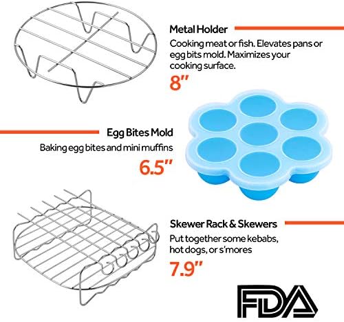 COSORI Air Fryer Accessories, Set of 6 Perfect for Most 5.0 Qt and Larger Ovens, Cake & Pizza Pan, Metal Holder, Rack & Skewers, etc, BPA Free, Nonstick, Dishwasher Safe, 5.8 QT, Black