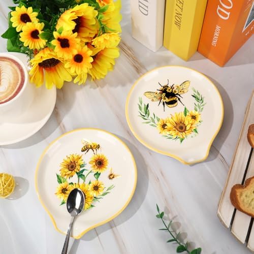 JarThenaAMCS 2Pcs Summer Bee Ceramic Spoon Rest Yellow Black Sunflower Bee Small Coffee Spoon Holder for Stove Top Stirrers Teaspoon Bar Coffee Station Accessories,4.7 Inch