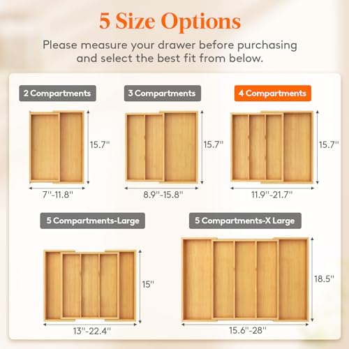 Lifewit Bamboo Utensil Organizer for Kitchen Drawer, Cooking Utensil Tray