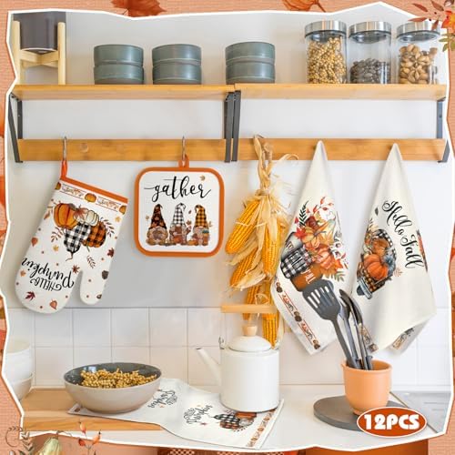 SiliFine 12 Pcs Fall Pumpkin Kitchen Towels Oven Mitts Pot Holders Set