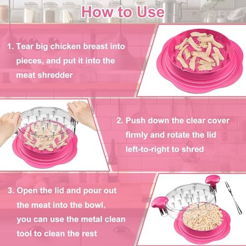 Chicken Shredder Tool Twist Large Meat Shredder with Brush&Fork, Hot Pink