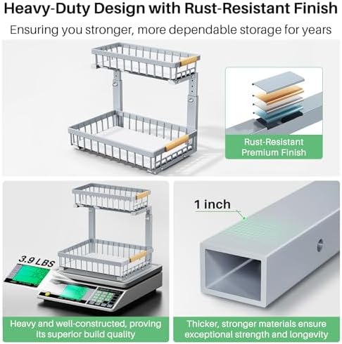 Kitstorack Under Sink Organizer, 2 Tier Under the Sink Storage, Slide out Pull out Cabinet Organizer Shelf, Metal Sliding Drawer for Kitchen Bathroom Pantry Closet Organization Rack, Grey, 1 Pack