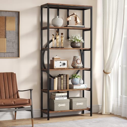Tribesigns 70.9 Inch Industrial Bookshelf, 6-Tier Tall Etagere Bookcase with Open Shelves, Metal Decorative Book Shelf Storage Shelving Unit for Living Room and Home Office, Rustic Brown