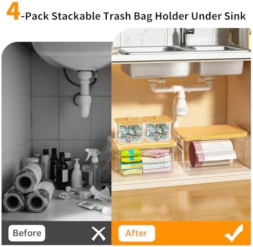 FELIZHOUSE 4 Pack Trash Bag Holder with Bamboo Lid, Stackable Garbage Bag Dispenser Under Sink, Storage Organizer for Kitchen, Laundry, Pantry (S+S+M+L)