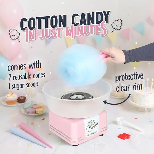 Nostalgia Countertop Cotton Candy Machine – Use Normal or Sugar-Free Candy or Flossing Sugar – Includes 2 Reusable Cones and Measuring Scoop – Pink