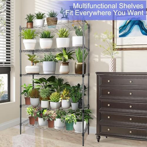 Whitmor 5 Tier Metal Storage Shelves, Heavy Duty with 4 Wheels & Adjustable Feet, 400 lbs Capacity per Shelf, Max 2000 lbs Total for Home, Garage, Workshop, 36" L x 14" W x 60" H, Black