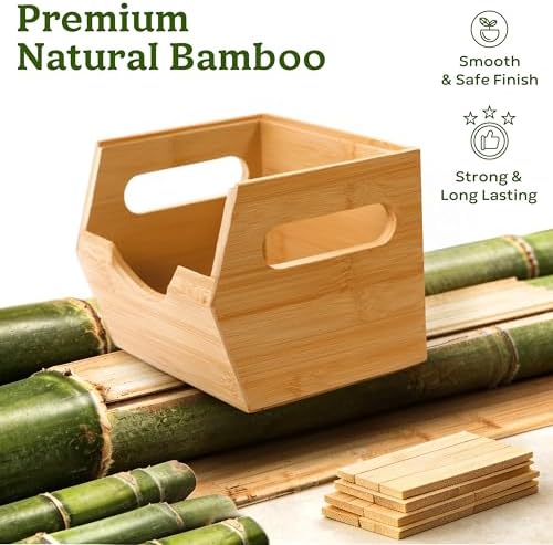 HOMESTEAD 3-Tier Bamboo Pantry Storage Bins – Stackable Potato & Onion Storage Bin with Handles, Fruit Basket & Produce Organizer for Kitchen Countertop, Pantry Organization, Set of 5