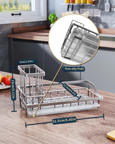 Consumest Sink Caddy, Kitchen Sponge Holder with Dish Brush Holder, Kitchen Sink Organizer with Drip Tray for Countertop Stainless Steel Rustproof, Silver-Large
