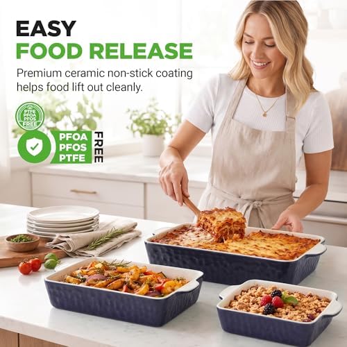 NutriChef 3-Piece Ceramic Casserole Dishes for Oven - Heavy Duty Rectangular Lasagna Baking Pans w/ Premium Nonstick Coating & Handles - PFOS, PTFE, PFOA Free - Microwave & Oven Safe, Royal Blue
