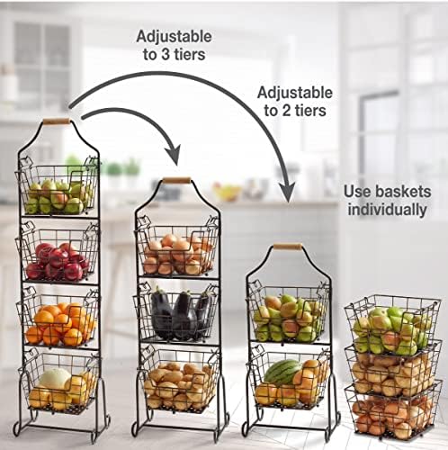 Mikasa Gourmet Basics Ferme 4-Tier Market Basket - Antique Black Wire and Acacia Wood Handle, Kitchen Fruit Vegetable Storage Organizer, 13.5 x 11.5 x 51 Inches
