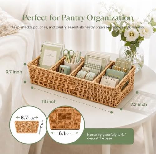 2PCS Rattan Pantry Organizer Baskets with Removable Dividers