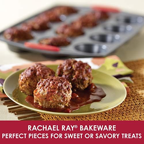 Rachael Ray Yum-o! Nonstick Bakeware 12-Cup Muffin & Cupcake Tin With Grips - Gray with Red Grips
