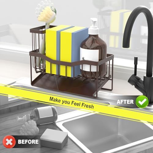 Fssvcd Maifan Sink Caddy Sponge Holder for Kitchen with Brush Holder and Stainless Steel Self Drain Tray, Rustproof Kitchen Sink Organizer for Sponge, Soap Dispenser Storage Accessories