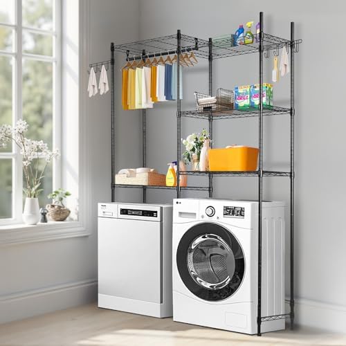 VEVOR Over the Washer and Dryer Storage Shelf, 5 Tier Laundry Room Drying Rack with Hanger Rod and Hooks, Adjustable Over Washer and Dryer Shelves, Laundry Room Shelf Storage Space Saver, Black