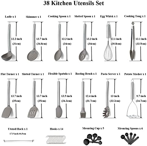 38 Piece Silicone kitchen Cooking Utensils Set with Utensil Rack, Silicone Head and Stainless Steel Handle Cookware, Kitchen Tools for Utensil Sets, Non-Stick kitchen Gadgets, Dishwasher Safe(Silver)