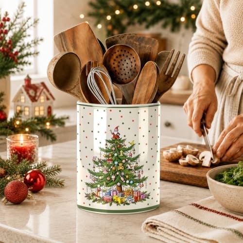 Christmas Tree Green Kitchen Utensil Holder, Xmas Winter Large Ceramic Utensil Holder For Countertop Organizer, 6.3'' Cooking Utensil Crocks Festivel Decor Utensil Storage Cup for Kitchen