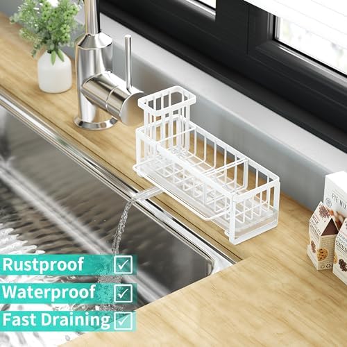 HapiRm Sponge Holder for Kitchen Sink - Self-draining Sink Caddy with Brush and Dishcloth Holders, Stainless Steel Kitchen Organizer for Countertop - White