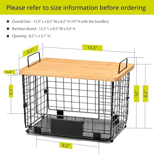 2 Set XL Stackable Wire Basket with Bamboo Tops & Tags- Pantry Organizer and Storage Bins, Kitchen Counter Cabinet Shelf Countertop Under Sink Organizing, Food Snack Produce Onion Potato Bread Storage