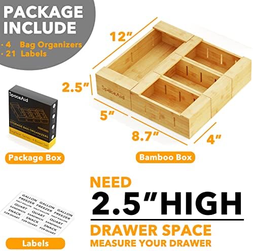 SpaceAid Bag Storage Organizer for Kitchen Drawer, Bamboo Organizer, Compatible with Gallon, Quart, Sandwich and Snack Variety Size Bag (4 Pack), 2.5" High