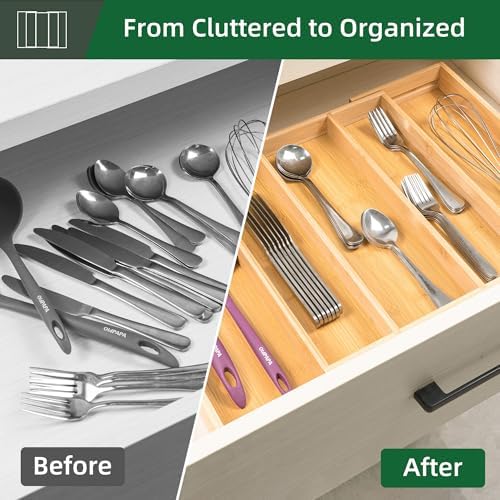 Utoplike Drawer Organizer Kitchen Utensils, Expandable Bamboo Cutlery Tray