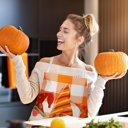 Whaline 4Pcs Fall Aprons Maple Leaves Gnome Turkey Jackstraw Pattern Adjustable Kitchen Cooking Aprons Orange Autumn Washable Apron for Dinner Baking Grilling Thanksgiving Party Supplies
