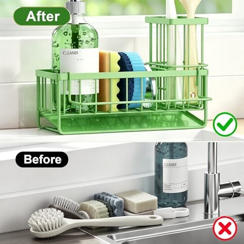 Sponge Holder for Kitchen Sink, Kitchen Sink Caddy, Kitchen Sink Sponge Holder, Dish Sponge Holder, Kitchen Sink Organizer for Sponge, Dish Brush, Scrubber(9.65" x 3.74" x 6.3", Avocado)