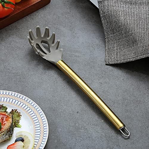 Gold Spaghetti Spoon, Berglander Non-stick Silicone Pasta Server With Titanium Gold Plating Handle, Spaghetti Server For Cooking, Pasta Fork, Noddle Fork, Dishwasher Safe, Easy to Clean