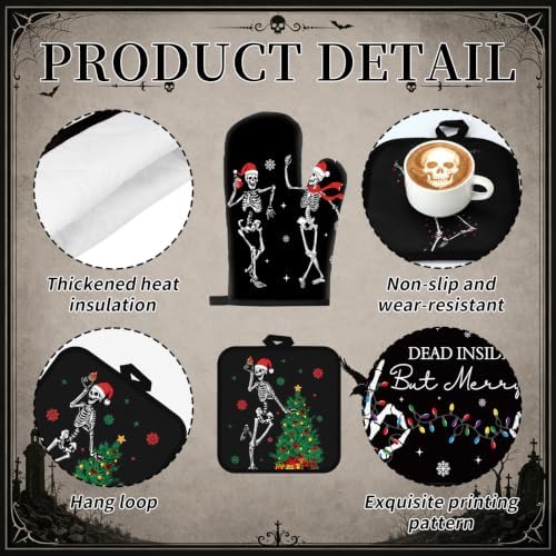 Fanfanwin 10 Pcs Christmas Skeleton Kitchen Decor and Accessories Set Kitchen Towels Pot Holders Oven Mitts Rugs and Tape for Baking Cooking BBQ Festive Housewarming Gifts