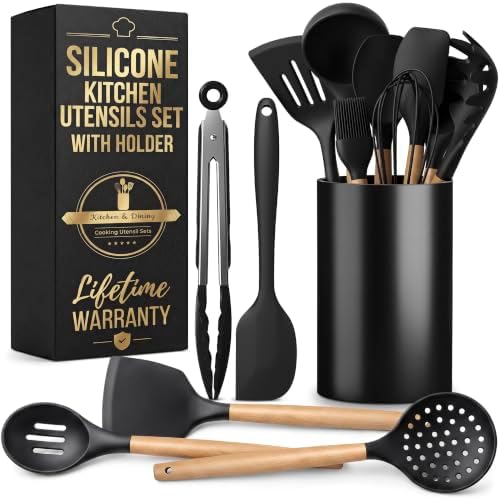 14 Pcs Black Kitchen Utensils Set with Holder for Nonstick Cookware