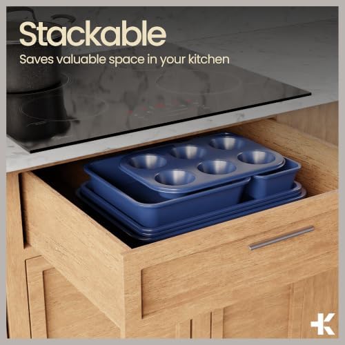 BAKKEN Nonstick Carbon Steel Bakeware Set - 6 Piece Kitchen Baking Trays, Non Toxic Stackable Oven Pans Bundle with Cookie Sheets, 6 Cup Muffin, Roaster, Square Cake, and Loaf Pan for Bread