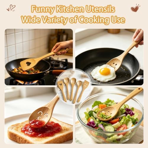 Smiley Face Wooden Spoons Set, 5-Piece Organic Bamboo Cooking Utensils