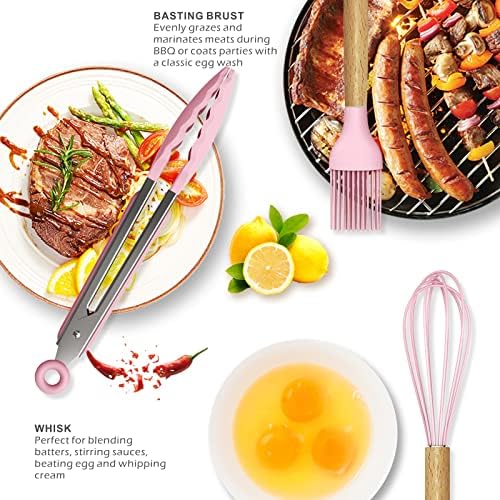 oannao Silicone Kitchen Utensils Set - 446°F Heat Resistant Cooking Utensil Sets, Spatula,Turner,Tongs,Spoon,Whisk, Wooden Handle Silicone Kitchen Gadgets Tools for Non-Stick Cookware BPA Free (Pink)