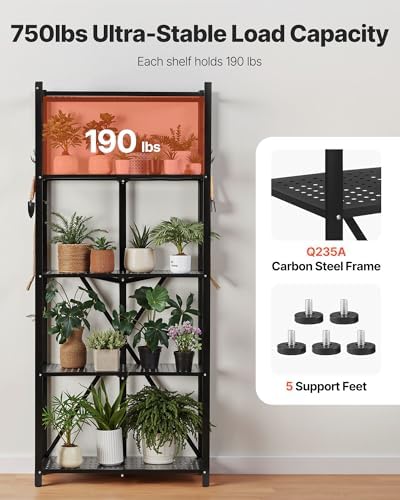 VEVOR 5-Tier Foldable Storage Shelf, 28W x 13D x 66H Inch Folding Metal Rack Shelving Unit, No Assembly Organizer Shelf with 5 Wheels & 4 Hooks for Pantry, Kitchen, Garage, Basement, Black