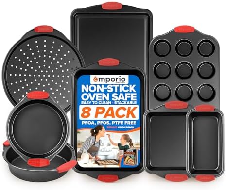 Emporio Kitchen Baking Pan Set - Nonstick Coating, Carbon Steel Bakeware Set with Red Silicone Handles, PFOA, PFOS, PTFE Free, Recipe Booklet Included, Oven Safe Tray (Up To 450° F), Set of 8 - Black