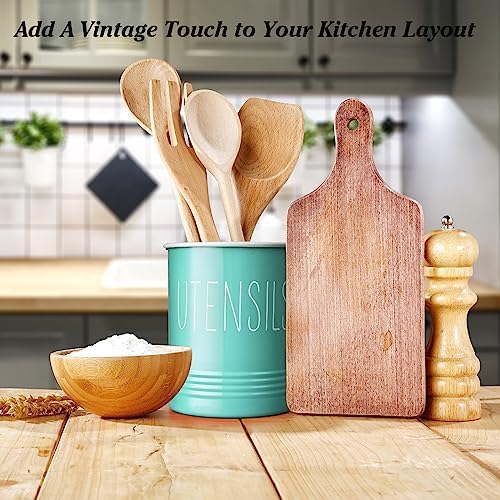 Bivvclaz Teal Kitchen Utensil Holder, 6.7" Utensil Holder for Kitchen Counter, Cooking Utensil Crock with Cork Bottom, Turquoise Decor and Accessories, Countertop Utensil Storage Caddy Organizer