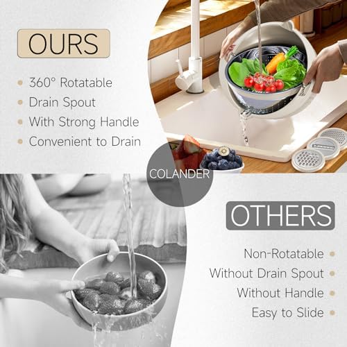 4-1 Colander with Bowl & Spoons Set - Rotatable Colander for kitchen with New Upgraded Graters, Food Strainer(Patented) for Pasta, Fruits, Vegetables, Funny Presents for Women, Beige