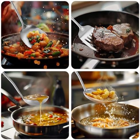 15" Wok Spatula and Ladle,Skimmer Spoon, Slotted Turner Spatula,304 Stainlss Steel Matte Kitchen Utensils Set,4PCS Wok Accessories,Cooking Utensils Tools