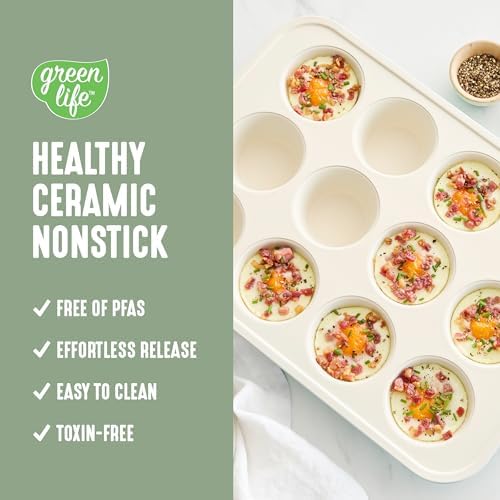 GreenLife 12-Cup Muffin Pan, PFAS-Free Healthy Nonstick Baking Tray, 11.4" x 1.9" x 15.9", Durable Ceramic Bakeware, Cupcakes, Egg Bites, Tarts, Brownies, Sage