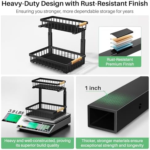 Kitstorack Under Sink Organizer, 2 Tier Under the Sink Storage, Slide out Pull out Cabinet Organizer Shelf, Metal Sliding Drawer for Kitchen Bathroom Pantry Closet Organization Rack, Black, 2 Pack