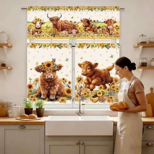 13 Pcs Sunflower Highland Cow Kitchen Curtains Valance Decor Set