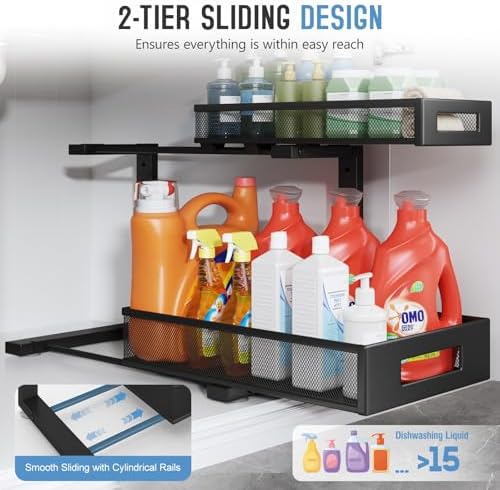 1 Pack 17IN Depth Under Sink Storage Organizer, Large 2-Tier Elegant Mesh Pull Out Shelf for Kitchen and Bathroom Cabinet Organization, L-Shaped and Adjustable Height Design-Black