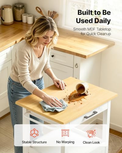 VEVOR Kitchen Island Cart with Single Door Cabinet, Mobile Carts with Drawer, Towel Rack, Hooks, Portable Table on Swivel Wheels, Small Coffee Islands Microwave Stand for Dining Room, 18x23 in, White