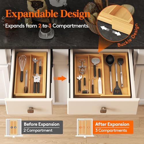 Lifewit Bamboo Utensil Organizer for Kitchen Drawer, Cooking Utensil Tray